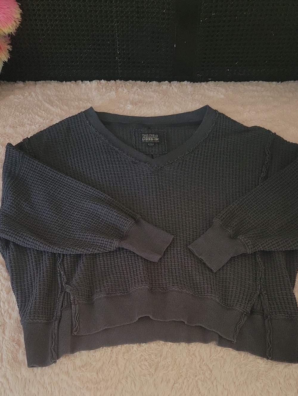 A/e Blank NYC Women's Charcoal Waffle-Knit V-Neck Sweater